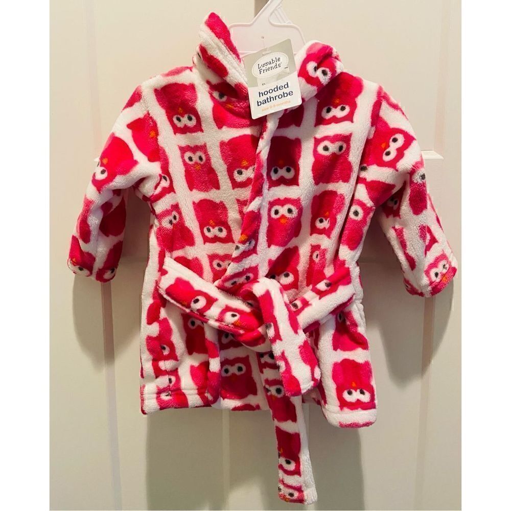 Luvable Friends Kids Hooded Bathrobe Pink Owls Small 0-9 months New with Tags